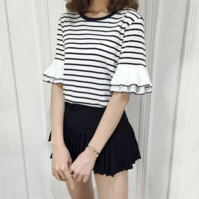 

Black White Fashion Striped Women Shirts Flare Sleeve Elegant Chic Slim Blouse O Neck Casual Tops Blusas