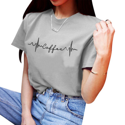 

Coffee Letter Print Solid Color Short Sleeve T-Shirt Women Summer Casual Tee Top