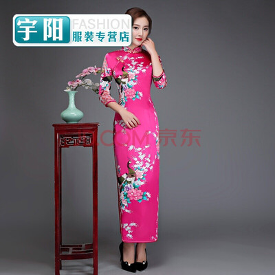 

Silk sleeves long cheongsam slim performance catwalk welcome ceremonial cheongsam dress large size retro