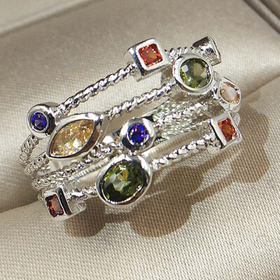 

Woman Multicolor Gemstone Delicate Princess Bride S925 Sterling Silver Wedding Engagement Ring