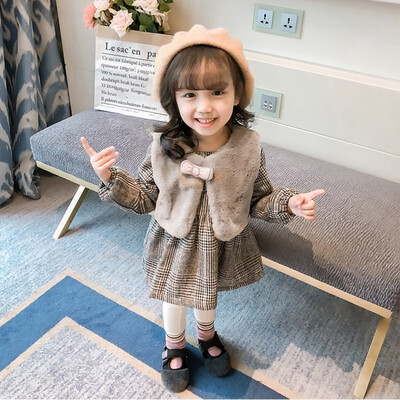 

New Autumn Baby Girl Long Sleeve Plaid Print Dress Bowknot Design Plush Vest Casual Outfits Set For Girls Plus 2Pcsset