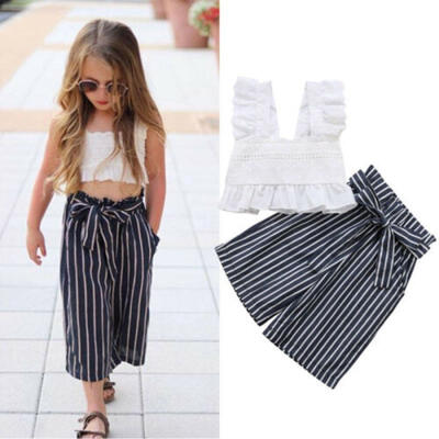 

Fashion Kids Toddler Girl Lace Crop TopsStriped Pants Trousers Outfits Clothes