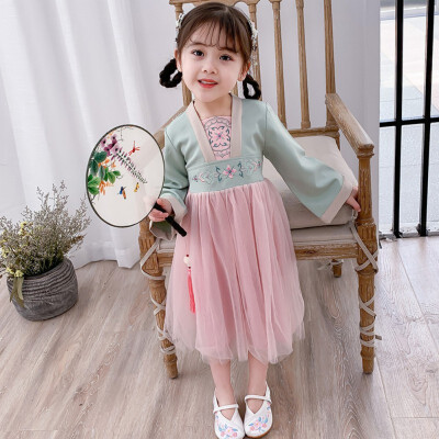 

Children Clothes 1-7T Autumn Girls Cute Embroidered Mesh Stitching Princess Long-Sleeved Sweet Dress