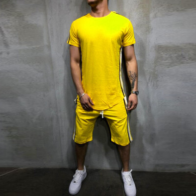 

Toponeto Mens Summer Leisure Stripe Color Collision Short Sleeve Shorts Sports Thin Sets