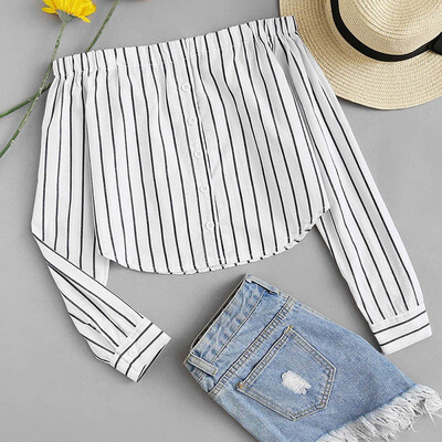 

Sexy Off Shoulder Long Sleeve Button Detail Women Blouse 2019 Fashion Slim Fit Slash Neck Short Women Top And Blouse Plus Size