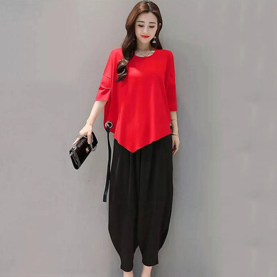 

New Fashion Summer Solid Color T-shirt Hip Hop Loose Pants Two Piece Leisure Pants Suit