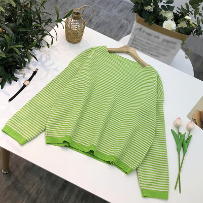 

Lazy Loose Women Sweater New Fashion Autumn Winter Stripes Print Slim Long Sleeved Round Collar Slim Bottom Knit Sweater