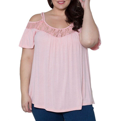 

Women Summer Casual Lace Splice Cold Shoulder Solid Color Short Sleeve T-shirt