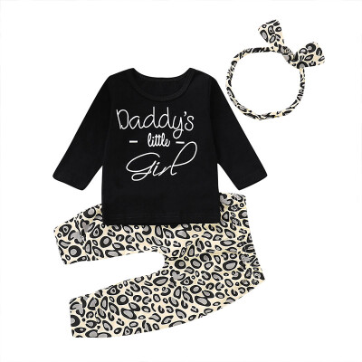 

Autumn New Style Fashion Toddler Girls Letter Printed Top Leopard Pants Headband Three Pieces Sets