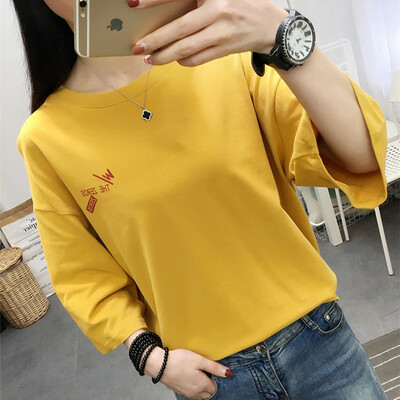 

JOY OF JOY Jingdong Womens 2019 New Summer Korean Edition Loose Personality Print Character Pattern Simple T-Shirt Female JWTD191861 Yellow M