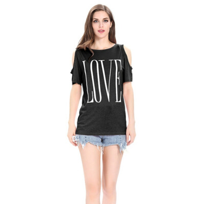 

LOVE Letter Print Off Shoulder Short Sleeves O-neck Casual T-shirt Female Summer Loose Women Tops WhiteBlackGrayPink