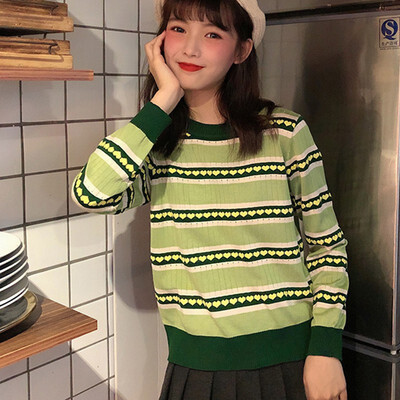 

Womens Sweater Pullover Autumn Winter Avocado Green Striped Female Long Sleeve Sweater Casual Knitted Womens Sweater