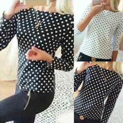 

UK Women Spring Summer Tops Long Sleeve Polka Dot Chiffon Blouse Casual Shirts