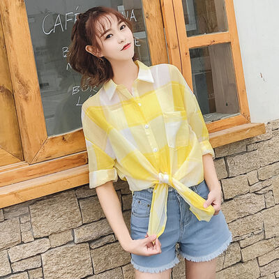 

Woman Blouses Summer Thin Short Female Tops Plaid Chiffon Womens Top Blouse New Arrival Female Korean Blouse
