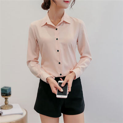 

Office Ladies Autumn Blouse Women Elegant Button Down Turn-down Collar Long Full sleeve Solid Color Blouse