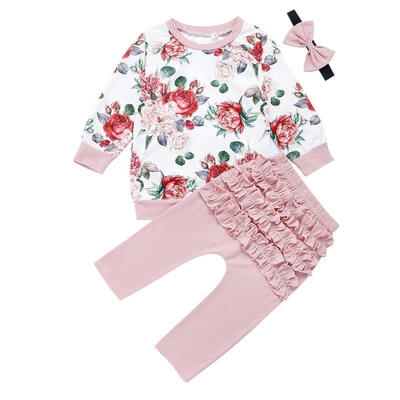 

Adorable Baby Girl Fall Outfit Infant Flower Tops Pullover Sweatshirt Ruffled Pants Headband Clothes Set