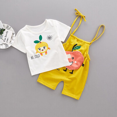 

Children Summer Boys Girls Clothing Set Cartoon Apple Print Short Sleeve Round Collar Casual T-shirtBib Pants