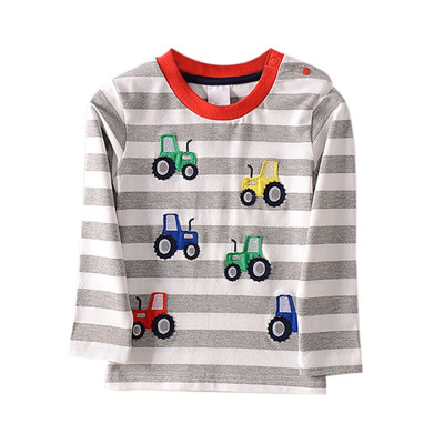 

1-6T Embroidery Cartoon Long-Sleeved Striped Round Neck Soft Cotton T-Shirt Autumn