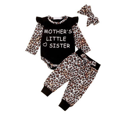 

New Autumn 3pcsSets Casual Fashion Baby Girl Leopard Letter Printing Bodysuit And Trousers And Hat Set