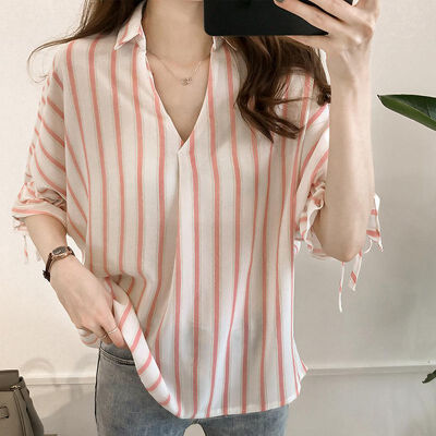 

Korean Style Loose Lace Up Striped Chiffon Blouse Female Commuter Tunic 3 Colors Striped Girl Ladies Bow Three Quarter Blouses