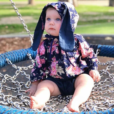 

New 2Pcs Autumn Newborn Girls Bodysuit Set Long Sleeve Floral Jumpsuit Rabbit Ear Design Hat Set