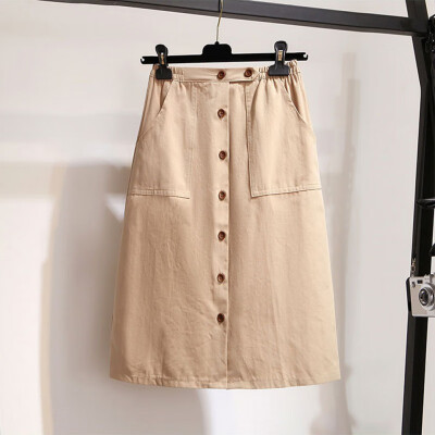 

New Japan Style Pocket buttons Washed Cotton Midi A Line Skirt Women ladies elastic Waist chic casual slim Female skirt