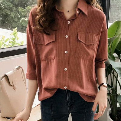

Korean Style Women Blouses Shirts Fashion Striped Half Sleeve Pockets Shirts Autumn Casual Turn-down Collar Blouses Tops Female