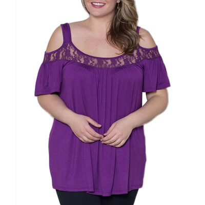 

Women Summer Casual Lace Splice Cold Shoulder Solid Color Short Sleeve T-shirt