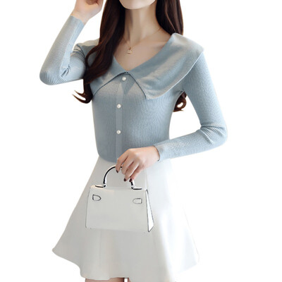 

Solid Color Simple Sweater Women Button Knit Tops Butterfly Collar Long Sleeve Casual Warm Loose Sweaters Pull Femme