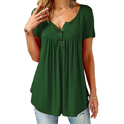 

Womens Fashion Casual V-neck T-shirt Pleated Button Loose Blouse Short Sleeve Irregular Hem Tops