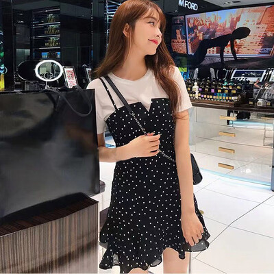 

2PCS Womens Sets Sweet Summer Short Sleeve Simple Solid T Shirt Dot Print Mini Camisole Trumpet Dress 2PCSSet