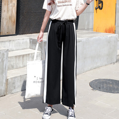 

Wide Leg Pants Women Loose Casual Solid Color Straight Ankle-length Pants Fashion Trend Mid Rise Drawstring Cotton Blend