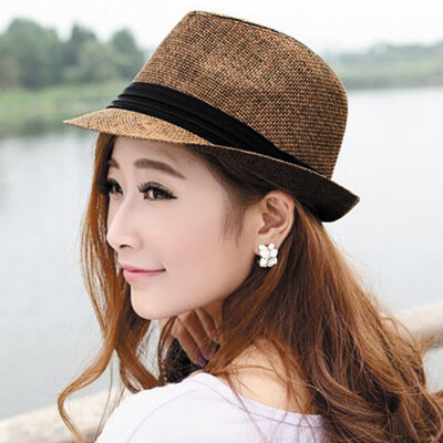 

Fashion Men Women Straw Hat Contrast Ribbon Fedora Curly Brim Unisex Panama Jazz Trilby Hat Cap