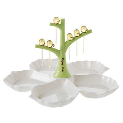 

Fruit Plate Fork Set Bird Fork Tree Fork Holder Flower-shaped Fruit Plate 5 Compartments BlueLight RedGreen