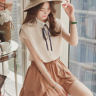 

2019 Women Concise Summer Bow-knot All-match Leisure Sweet Solid Color Loose Short Sleeve Shirts