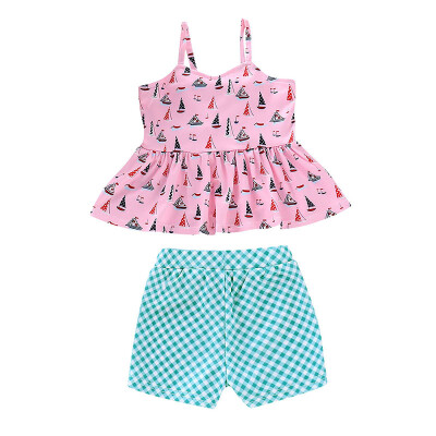 

Children Baby Girls Boat Sleeveless T-shirts Short PantsThree-color Swimsuit Two-piece Suit Size 80-120 Children Clothing 2-5T