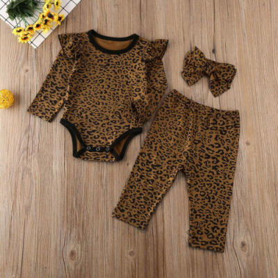 

3pcs Newborn Baby Girl Boy Leopard Clothes Ruffle Romper Jumpsuit Pants Outfits