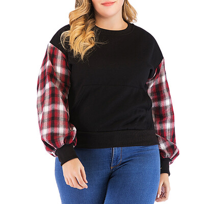 

Gobestart Womens Plus Size Long Sleeve Patchwork Plaid Causal T-shirt O-Neck Top Blouse