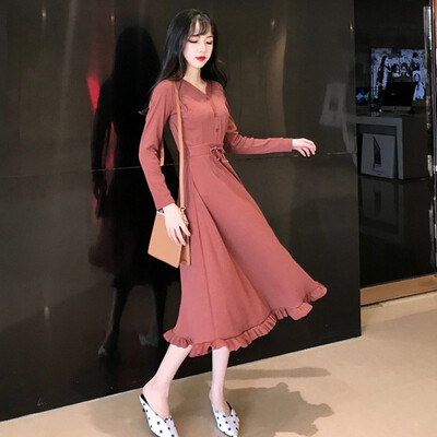 

Autumn New Women Dress Solid Color Ruffled High Waist Dresses Elegant Korean Style V-neck Long Sleeve Ladies Dress