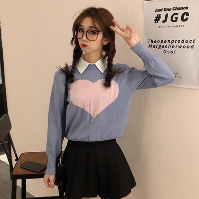 

Women Autumn Winter Cartoon Print Slim Long-Sleeved Round Collar Slim Bottom Jacquard Sweater