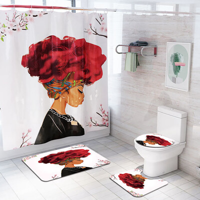

Gobestart African Explosion Head Woman Waterproof Shower Curtain Bathroom Mat Four-piece