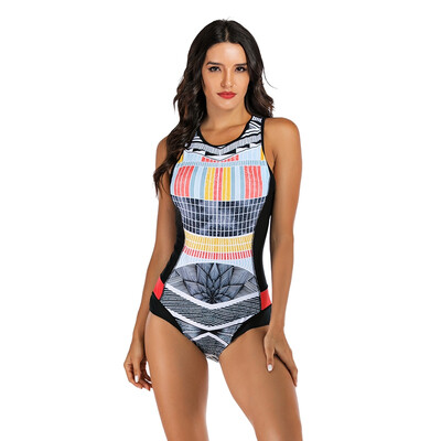 

Sleeveless Printed Zipper Elastic Swimsuit Hot Spring Diving Surfing Swimming Suit Women Rash Guard Adult One-Piece Sexy Suit