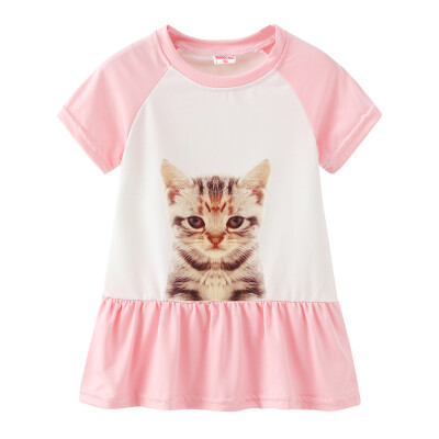 

Summer Casual Baby Girls Short Sleeve Animal Cat Pattern Dress Kids Toddler Princess Sundress