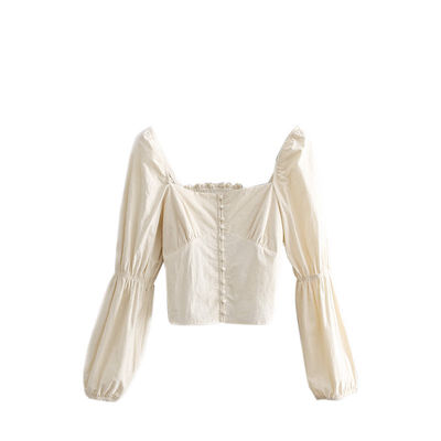 

Womens Long Puff Sleeve Blouse Backless Solid Buttons T-shirt Slim Square Collar T-shirt