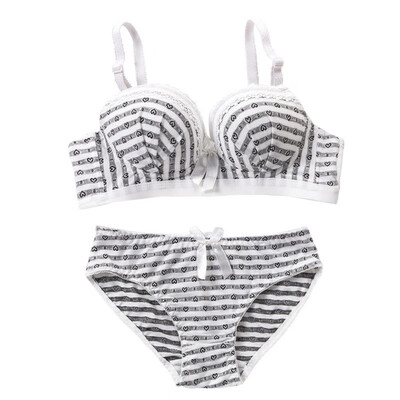 

Sexy High Quality Women Bras Sets Lace Decorate Striped Print Push Up Underwear Bow Bras&Cotton Panties