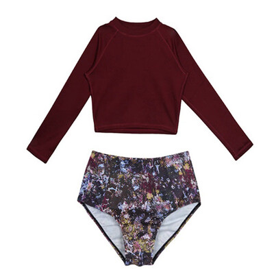

2 PCSset Women Conservative Sunscreen Long Sleeve High Collar High Waist Triangle Split Shorts Split Swimsuit Women bikini sets