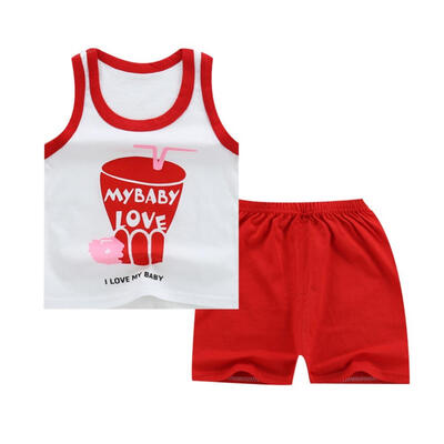 

Summer Cotton Kids Casual Outfits Set-Sleeveless Cartoon Printed T-shirt And Pure Colored Short Pants 2-7T