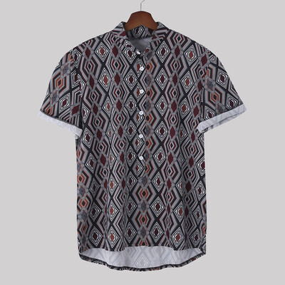 

Tailored Mens Ethnic Printed Stand Collar Colorful Stripe Short Sleeve Loose Shirt