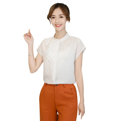 

2019 Women Short Sleeve Shirt Blouse top Summer Elegant Ruffles Chiffon Shirt Office Lady Commuter Blouse