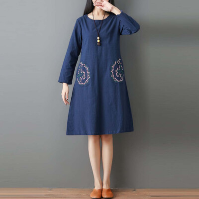 

Tailored Fashion Ethnic style Womens Cotton Linen Embroidery Loose Dress With Pocket